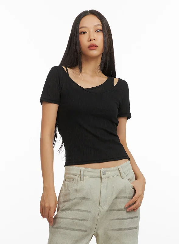 Scoop Neck Layered Crop Tee IY422 Compression