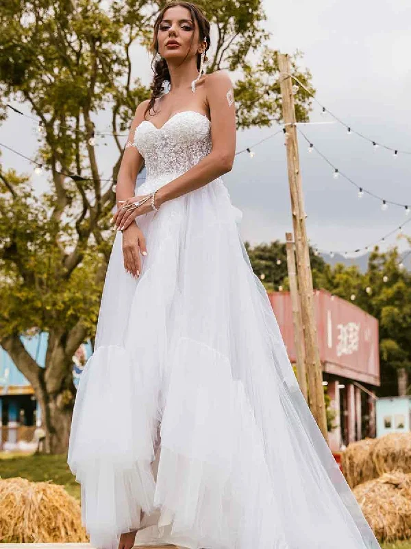 High Low Country Wedding Dress A-line Tulle Strapless Feminine Women's Style 