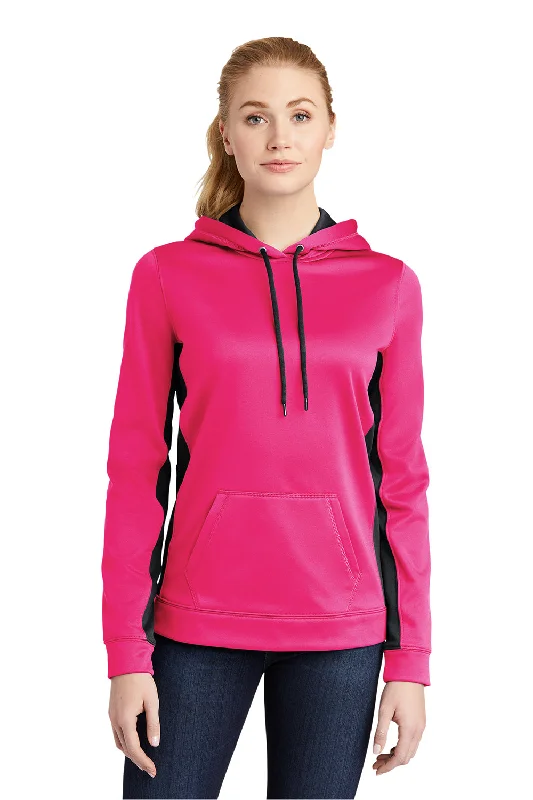 Sport-Tek Womens Sport-Wick Moisture Wicking Fleece Hooded Sweatshirt Hoodie w/ Pouch Pocket - Neon Pink/Black - Closeout Cool Women's Distressed