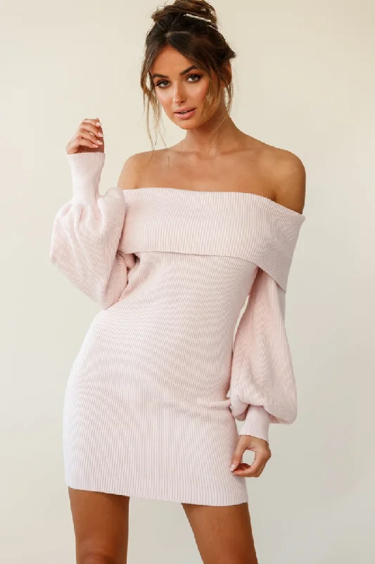 Runaway Off Shoulder Balloon Sleeve Knit Dress Pink Refined Women's 