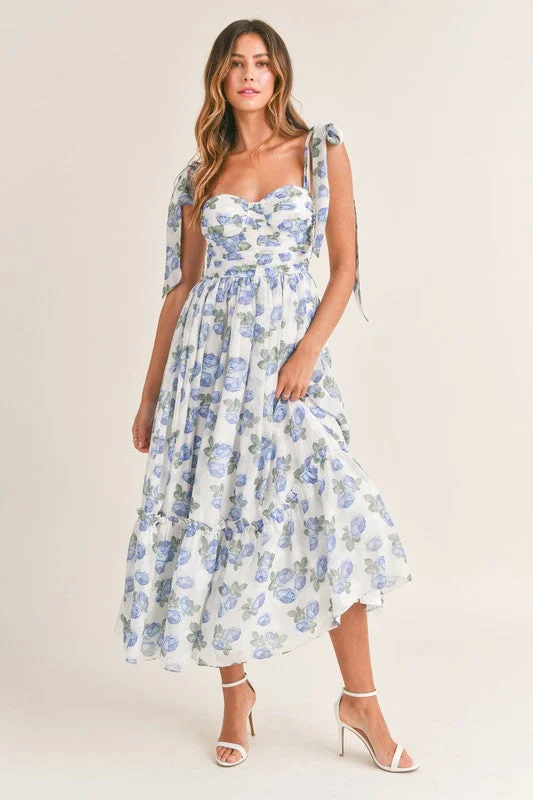 Floret Shoulder Tie Midi Dress British Gentlewoman Style