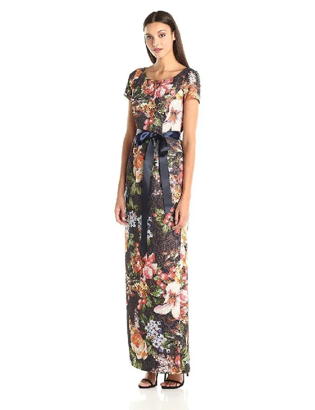 Adrianna Papell Multi-Color Short Sleeves Floral Dress Traditional Women's Wool