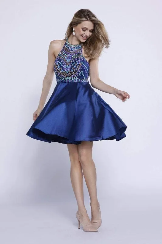 Nox Anabel 6251 Bejeweled High Halter Satin Dress in Navy Street