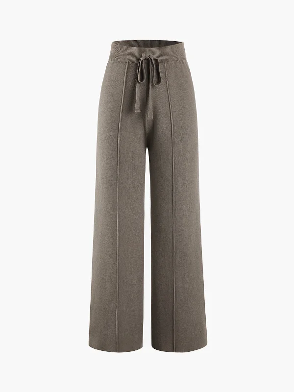 BerryBetty - Solid Rib Drawstring Wide Leg Pants Vacation