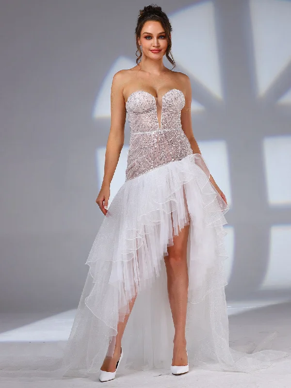 High Low Strapless Wedding Dress V neck Sequin Boho Business