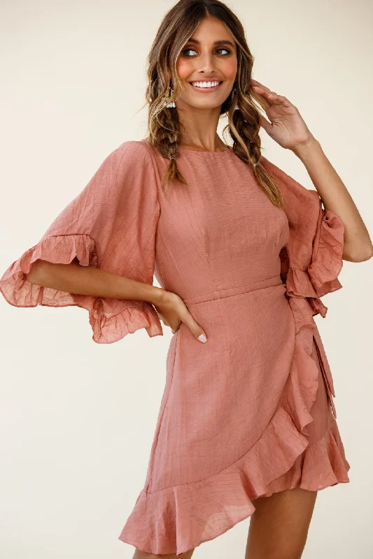 Make It Happen Flared Sleeve Ruffle Trim Dress Rose Youthful Women's Pop