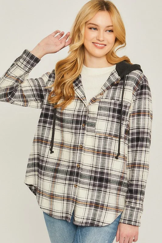 Plaid Flannel Button Up Shacket with Hood Street