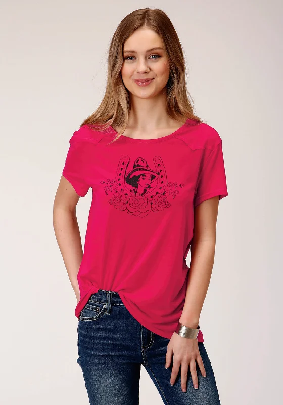 Roper Womens Red Poly/Rayon Horseshoe S/S Cowgirl T-Shirt Athletic Women's High - 