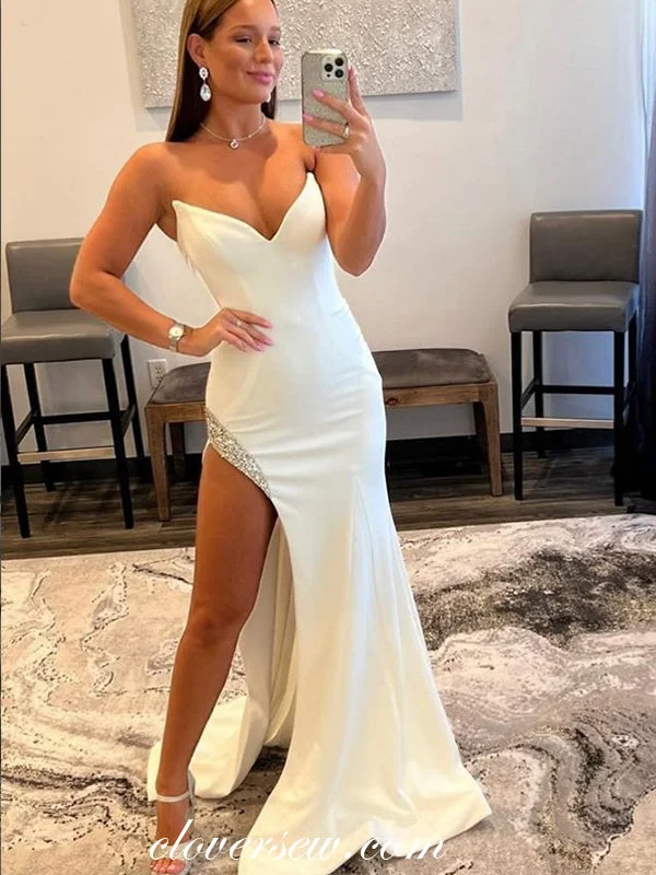 Fashion Strapless V-neck Sheath With High Slit Beading Cheap Wedding Dresses, CW0357 Cashmere Fashion Strapless V-neck Sheath With High Slit Beading Cheap Wedding Dresses, CW0357 Cashmere