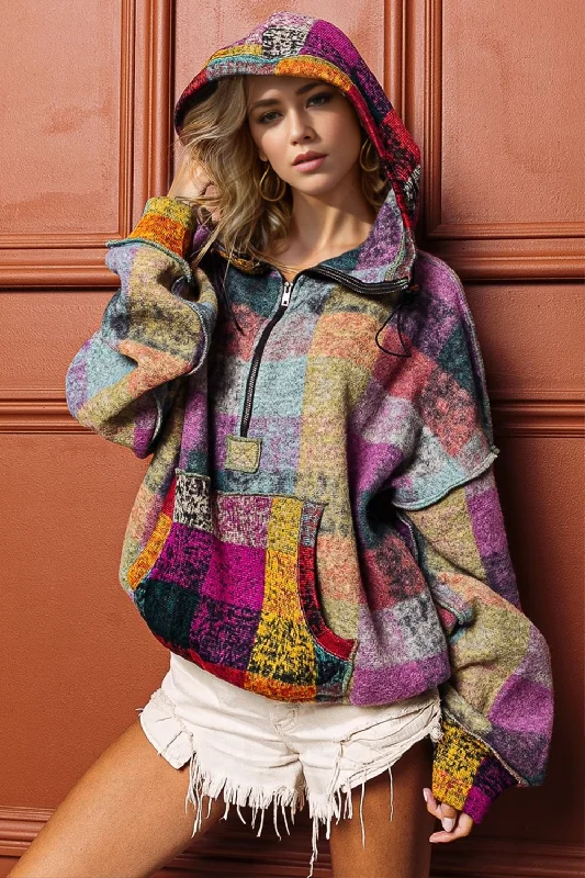 Half Zip Exposed Seam Hoodie Youthful Women's Anime - inspired