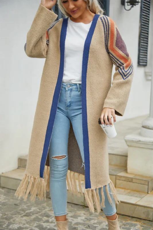 Geometric Fringe Hem Open Front Duster Cardigan Stylish Women's Tropical 