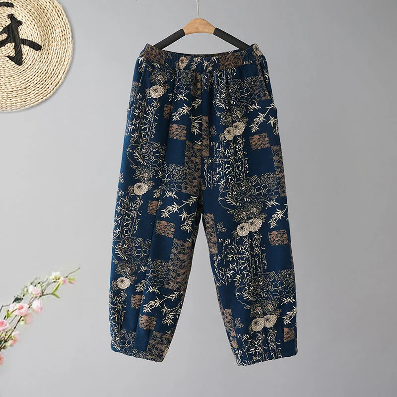 Babakud Women Winter Retro Fleece-Lined Cotton Linen Casual Loose Pants Vacation