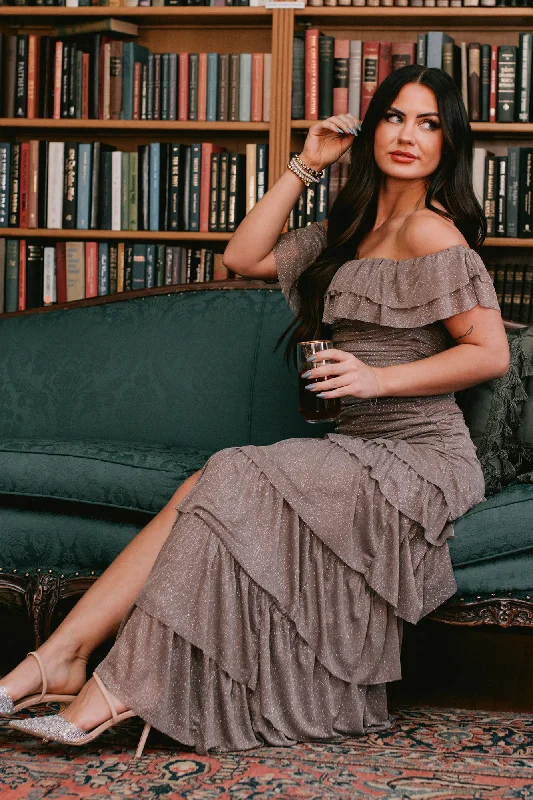Glam State Of Mind Ruffle Maxi Dress (Smokey Taupe) Laid - back Women's Style