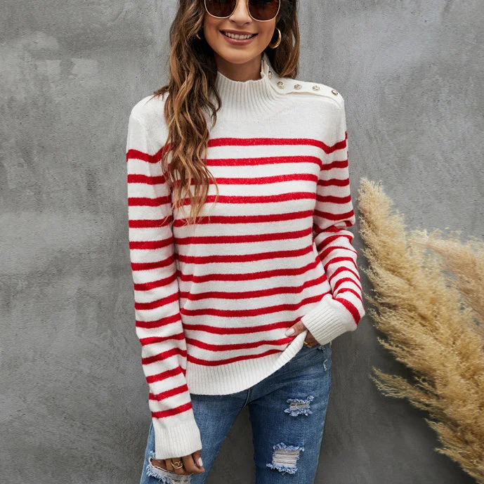 Women's Fashion Striped Long Sleeve Mock Neck Pullover Wholesale Knitted Sweater Disco