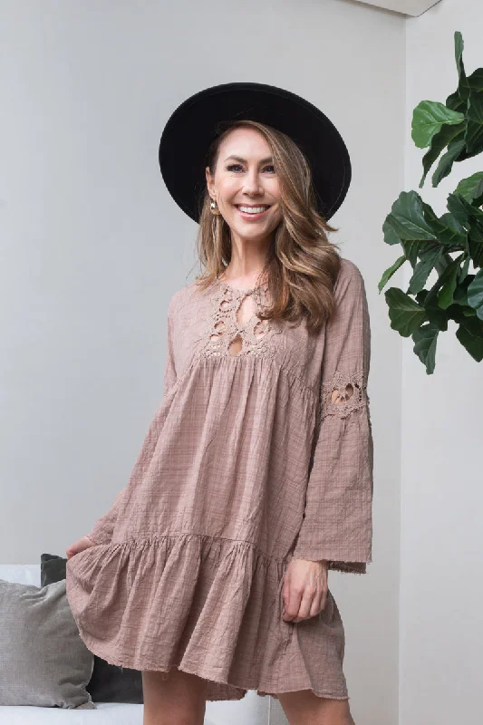 Long Sleeve Tiered Peasant Mini Dress with Embroidered Lace Trim in Mocha (16043) Cozy Women's Sherpa - lined Long Sleeve Tiered Peasant Mini Dress with Embroidered Lace Trim in Mocha (16043) Cozy Women's Sherpa - lined
