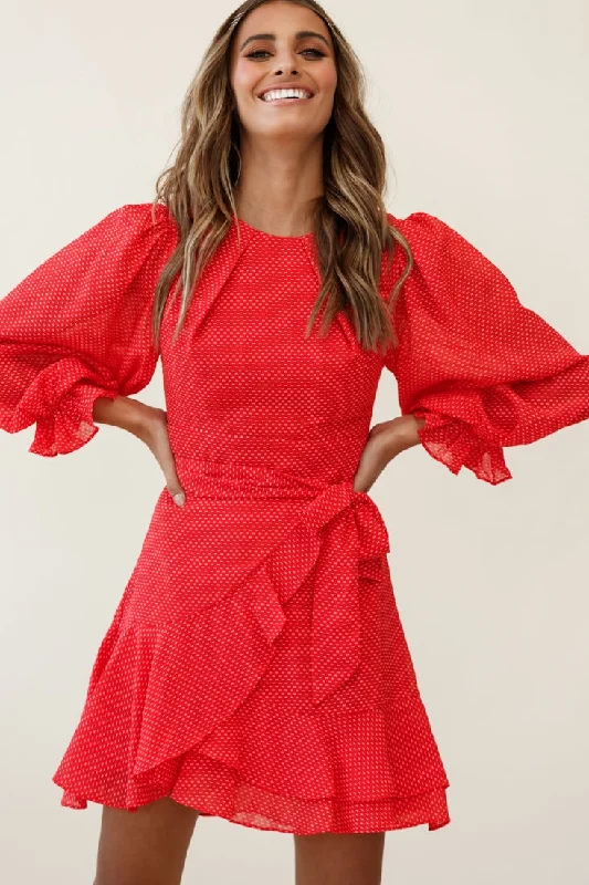 Agnes Long Sleeve Pleat Detail Dress Red Vacation