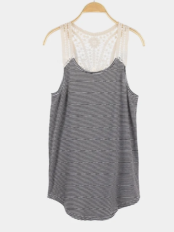 Custom Stripe Pattern Round Neck Crochet Lace Tank Top Minimalist Women's Casual