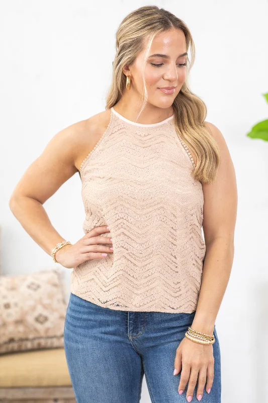 Dusty Rose Lace Trim Halter Neck Woven Top Tough Women's Military - inspired