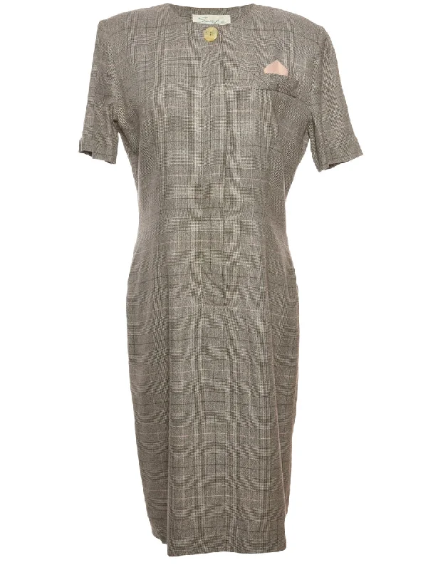 Checked Grey Pocket Square Dress - M Sophisticated Women's Tailored