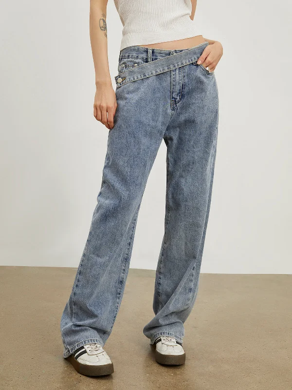 BerryBetty - Oblique Belt Denim Straight Leg Jeans Hip Women's Urban