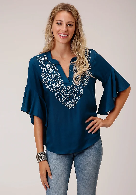 Roper Womens Blue Rayon/Nylon Paisley Floral S/S Blouse Confident Women's High - fashion