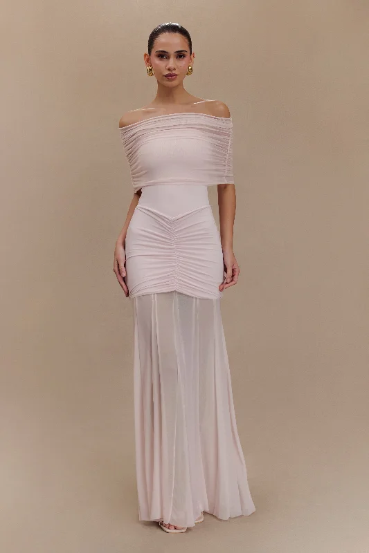 Caspian Slinky And Mesh Off Shoulder Maxi Dress - Pale Pink French