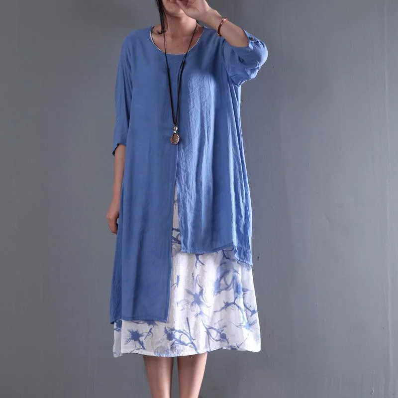 Plus Size Blue Asymmetrical Summer Floral Maxi Dress Cool Women's Distressed