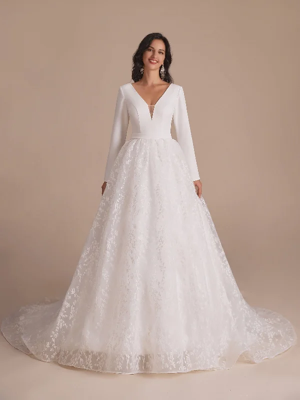 Long Sleeves V-neck A-line Backless Lace Wedding Dresses Online performance