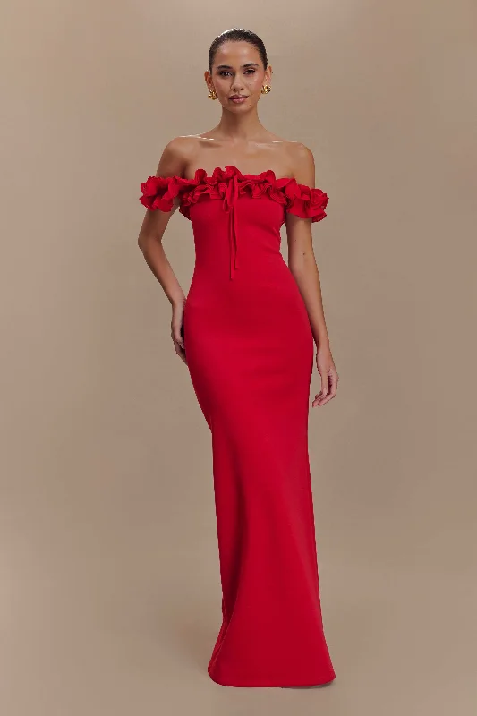 Nova Ruffle Off Shoulder Maxi Dress - Ruby Monochromatic All - in - one