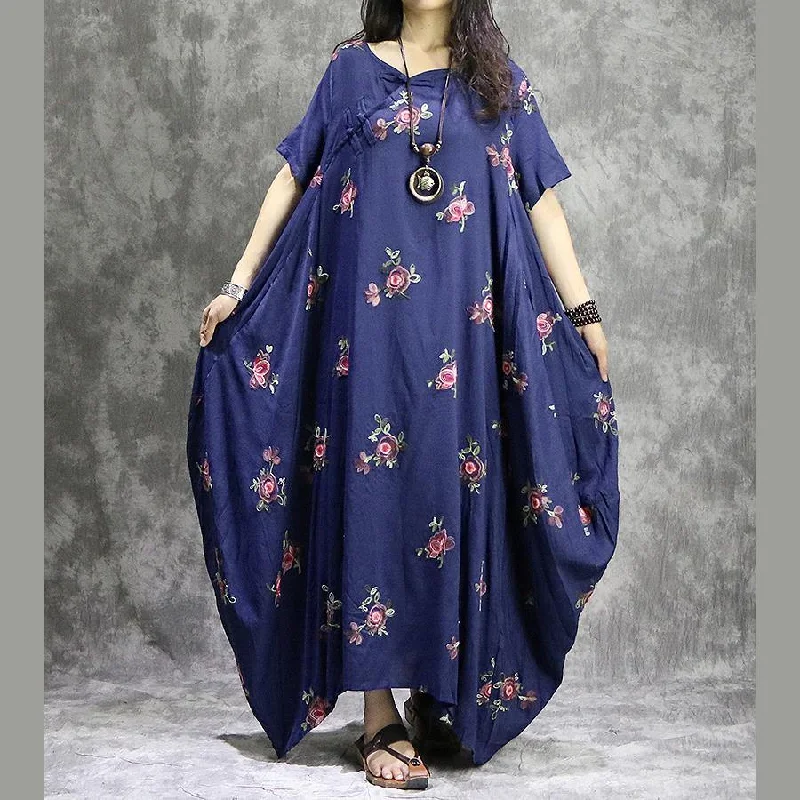 DIY short sleeve cotton linen Wardrobes stylish Sleeve blue prints Plus Size Clothing Dress summer Sharp Women's Italian