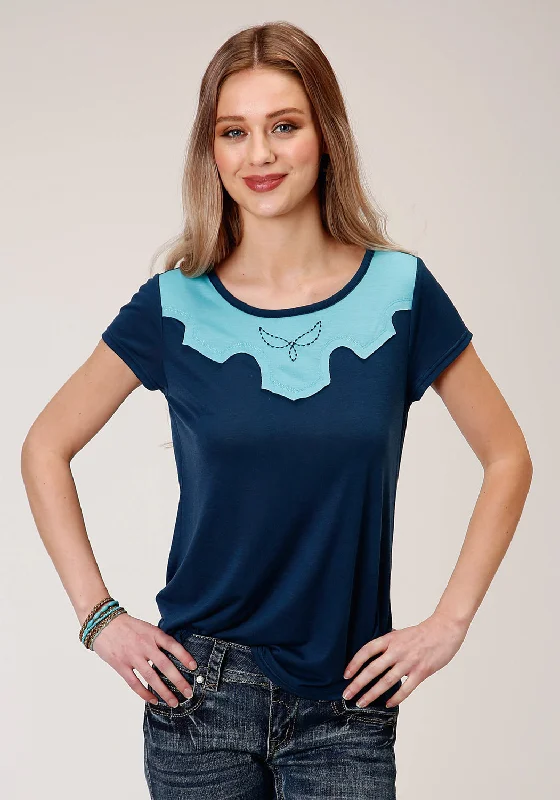 Roper Womens Navy Poly/Rayon Boyfriend Crew S/S T-Shirt Artistic Women's Avant - 