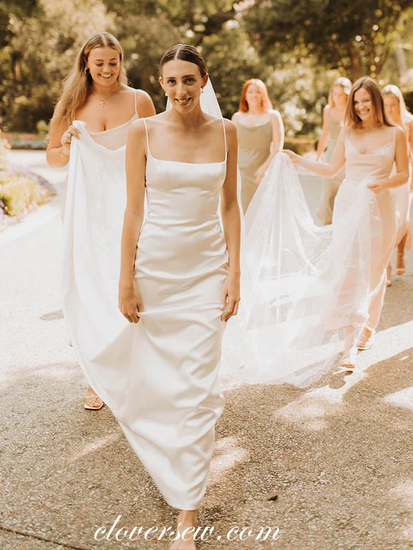 Simple Satin Square Neck Column With Train Wedding Dresses, CW0359 Classic Women's Tweed