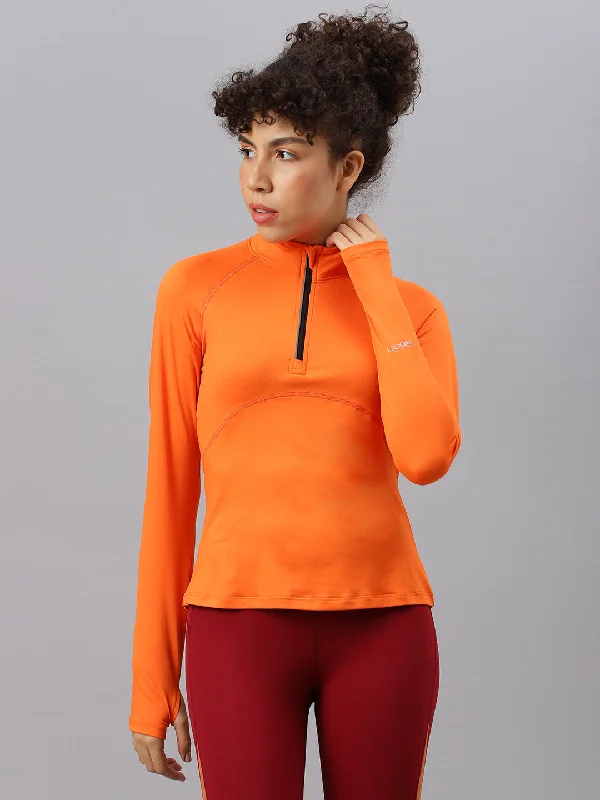 Fitkin women's orange high neck front zipper full sleeves t-shirt Relaxed Women's 