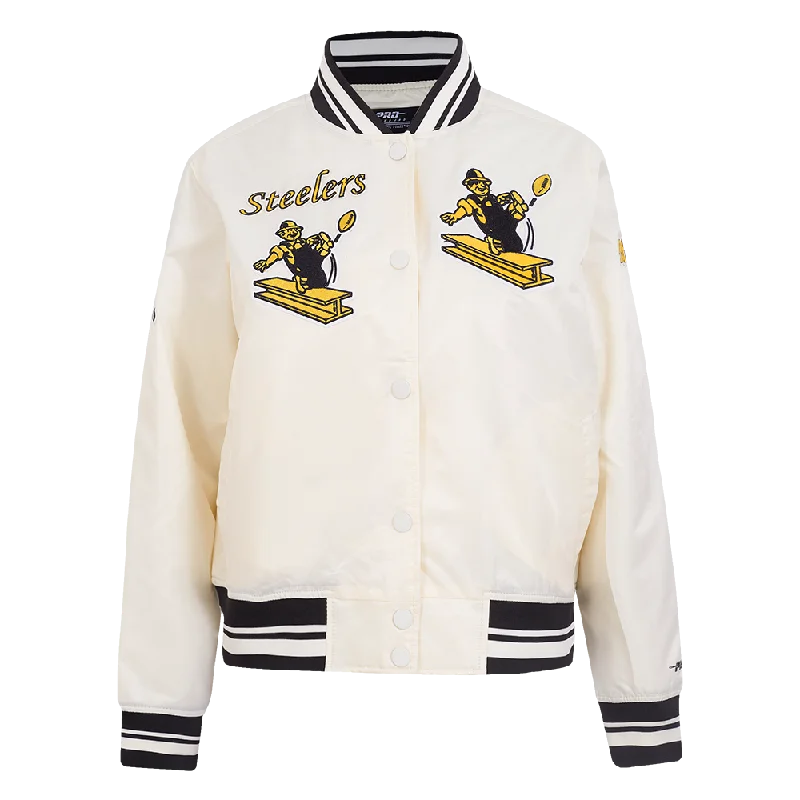 NFL PITTSBURGH STEELERS RETRO CLASSIC WOMEN'S RIB SATIN JACKET (EGGSHELL/ BLACK) Classic Women's Pin - striped