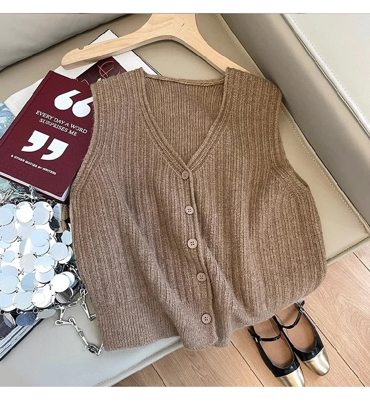 V-neck knitted vest women's new sweater vest jacket     S5021 Cashmere