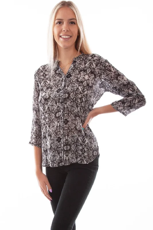 Scully Womens Black Rayon Band Collar S/S Blouse Preppy Women's College
