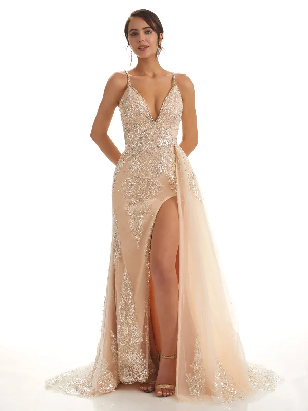 Spaghetti Straps Mermaid Champagne Side Slit Lace Wedding Dresses Monochromatic Office Style Spaghetti Straps Mermaid Champagne Side Slit Lace Wedding Dresses Monochromatic Office Style