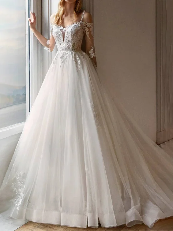 Vintage A Line Wedding Dresses Princess Tulle V-Neck Cozy Women's Winter