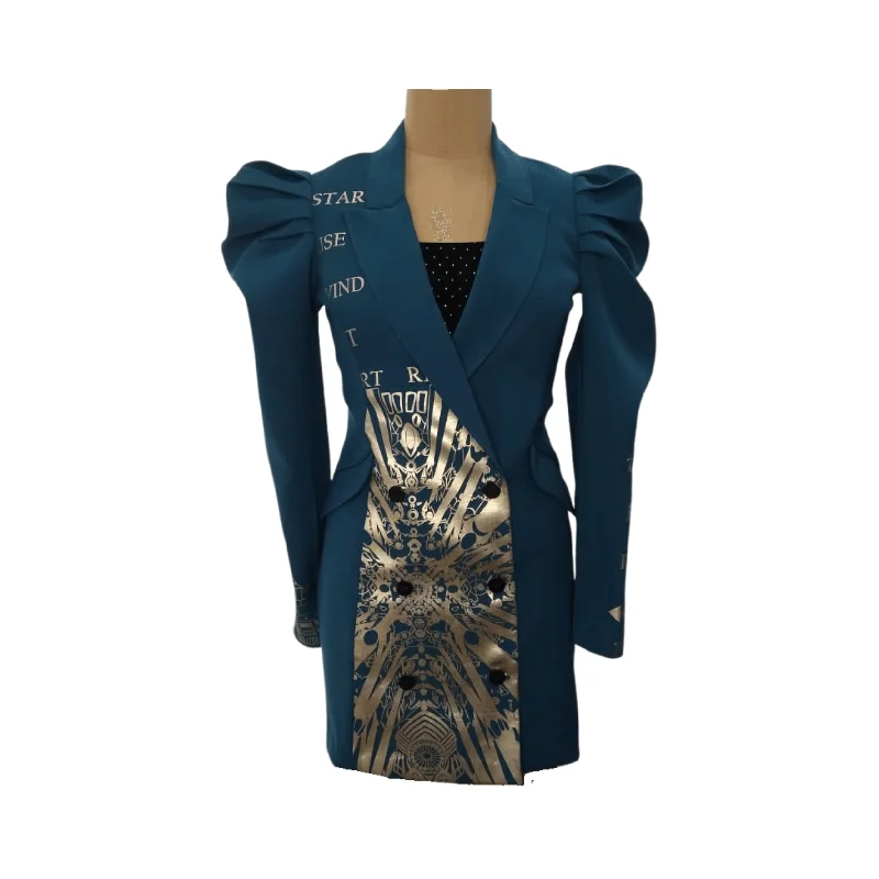 Navy Blue Puff Sleeves Sagrada Blazer Dress Cool Women's Distressed
