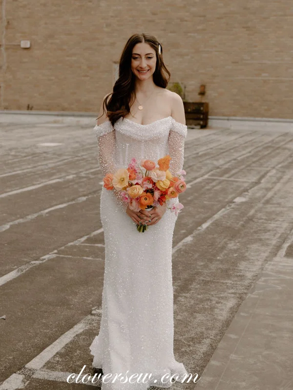Beading Sequined Tulle Off The Shoulder Long Sleeves Column Sparkly Wedding Dresses, CW0370 Sleek Women's Metallic Beading Sequined Tulle Off The Shoulder Long Sleeves Column Sparkly Wedding Dresses, CW0370 Sleek Women's Metallic