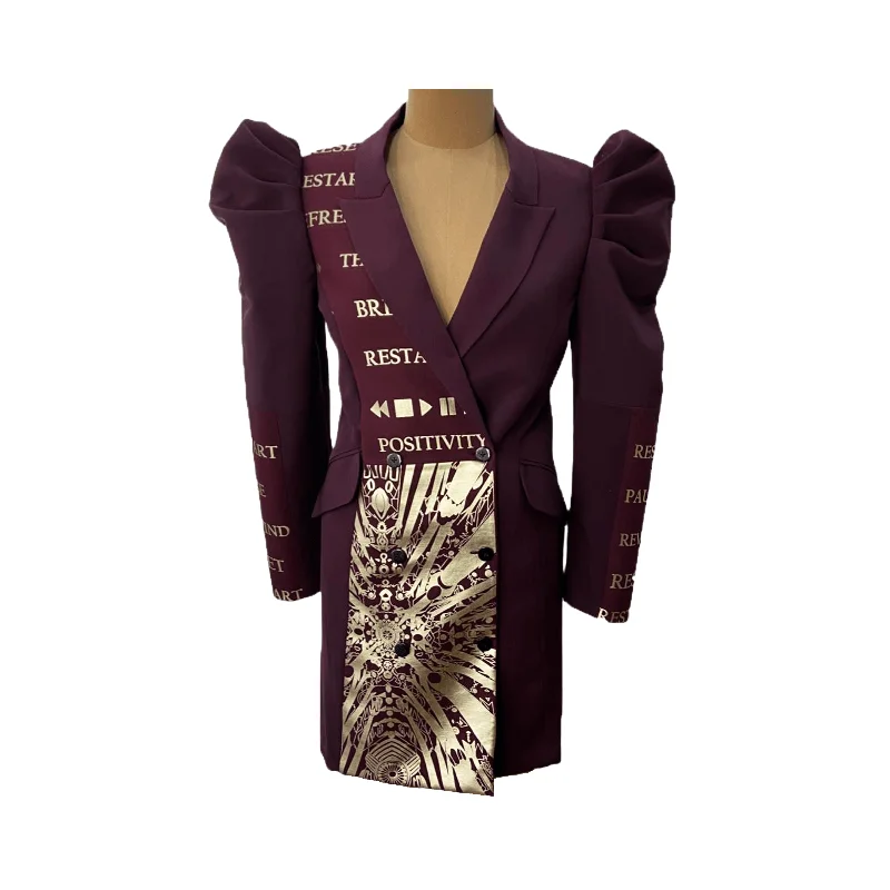 Wine Reset Restart Blazer Dress Artistic Women's Hand - painted