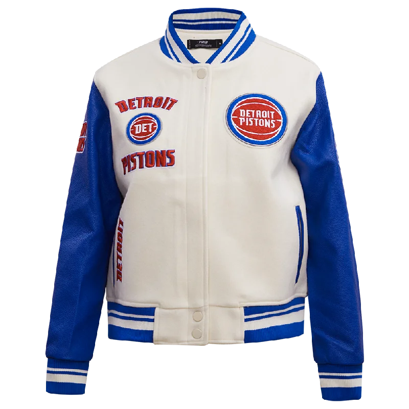 NBA DETROIT PISTONS RETRO CLASSIC WOMEN'S RIB WOOL VARSITY JACKET (EGGSHELL/ROYAL BLUE) Hip Women's Retro
