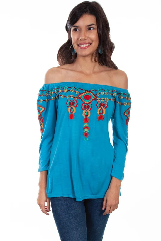 Scully Womens Teal Viscose Peasant S/S Blouse Laid - back Women's Vibe