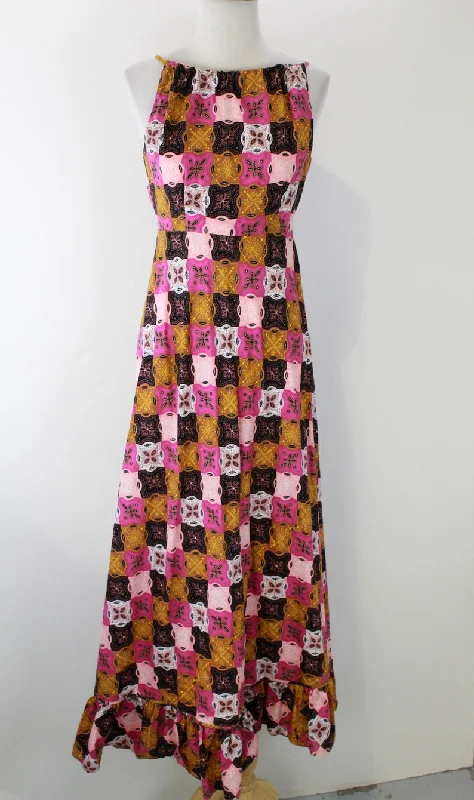 Vintage 1970s Pink & Brown Patchwork Print Cotton Maxi Dress, Ang Kariktan, XS Sporty Women's Athleisure 