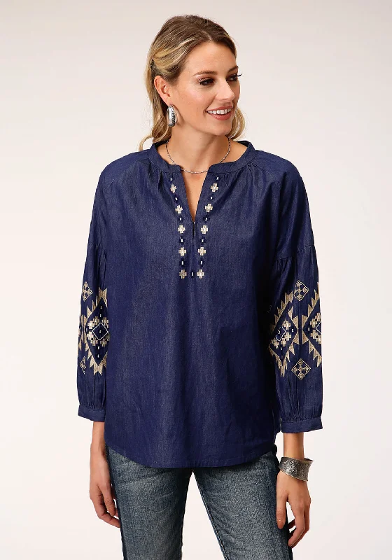 Roper Womens Indigo Denim 100% Cotton Bishop Sleeves S/S Blouse Youthful Women's Anime - inspired
