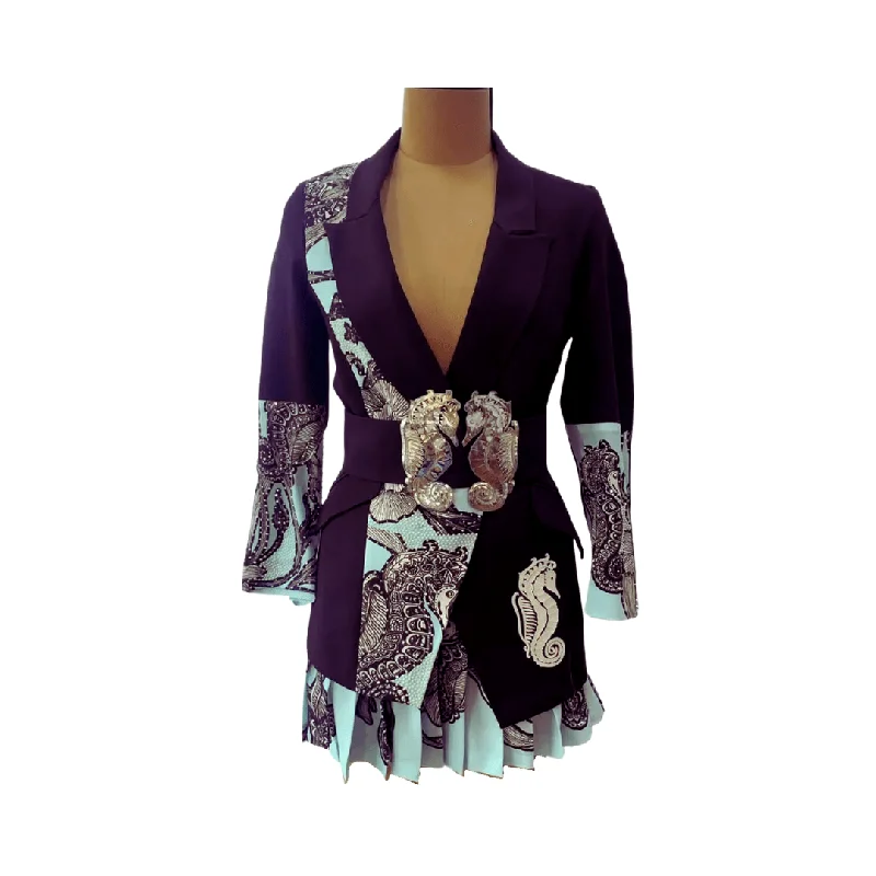 Black Blue Seahorse Blazer Skirt Set Hip Women's Retro