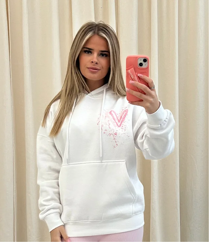 Pink Heart Graffiti Hoodie White Sophisticated Women's Tailored