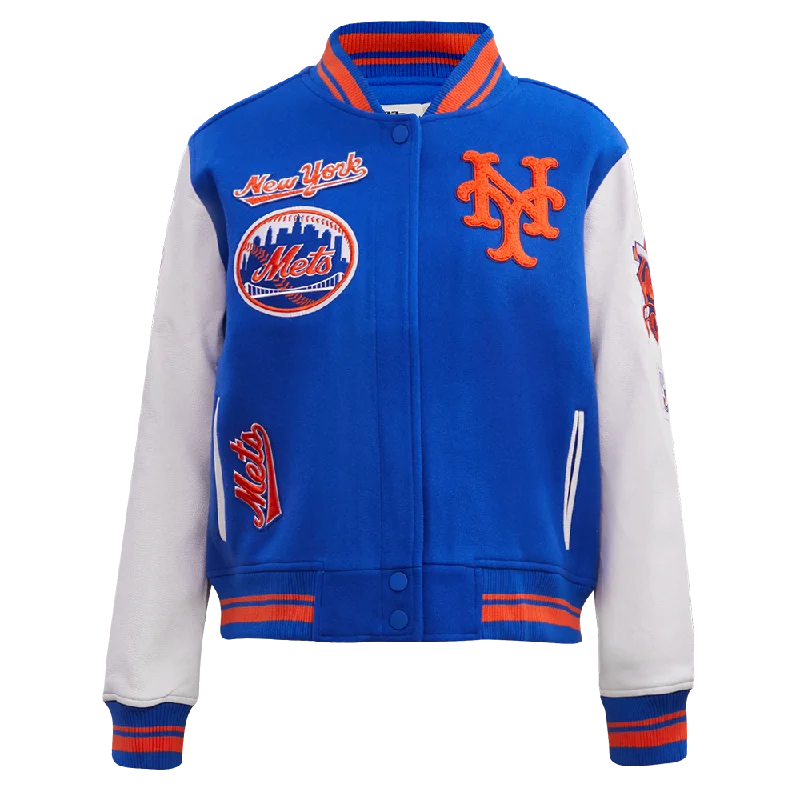 MLB NEW YORK METS RETRO CLASSIC WOMEN'S RIB WOOL VARSITY JACKET (ROYAL/ORANGE/ROYAL) Unique Women's Upcycled
