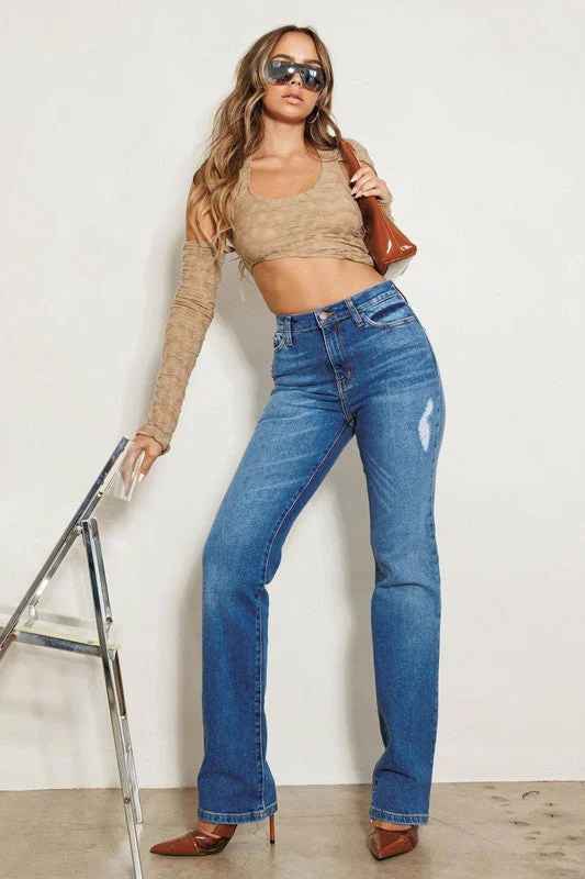 High Rise Subtle Distressed Straight Jeans Laid - back Women's Style