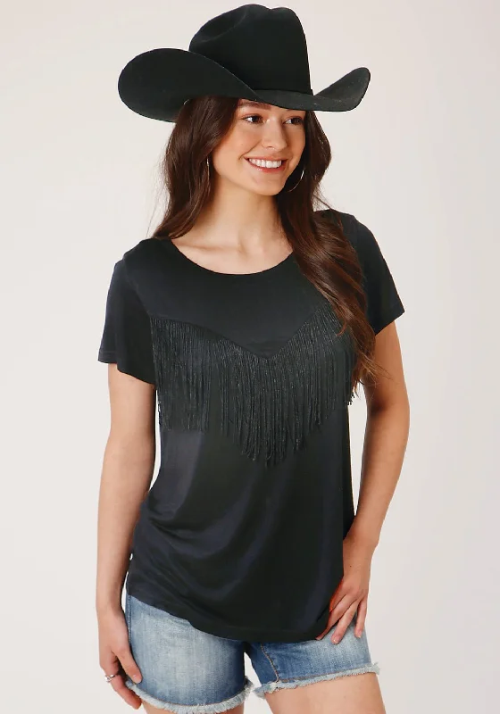 Roper Womens Black Poly/Rayon Fringe Knit S/S T-Shirt Practical Women's Quick - dry